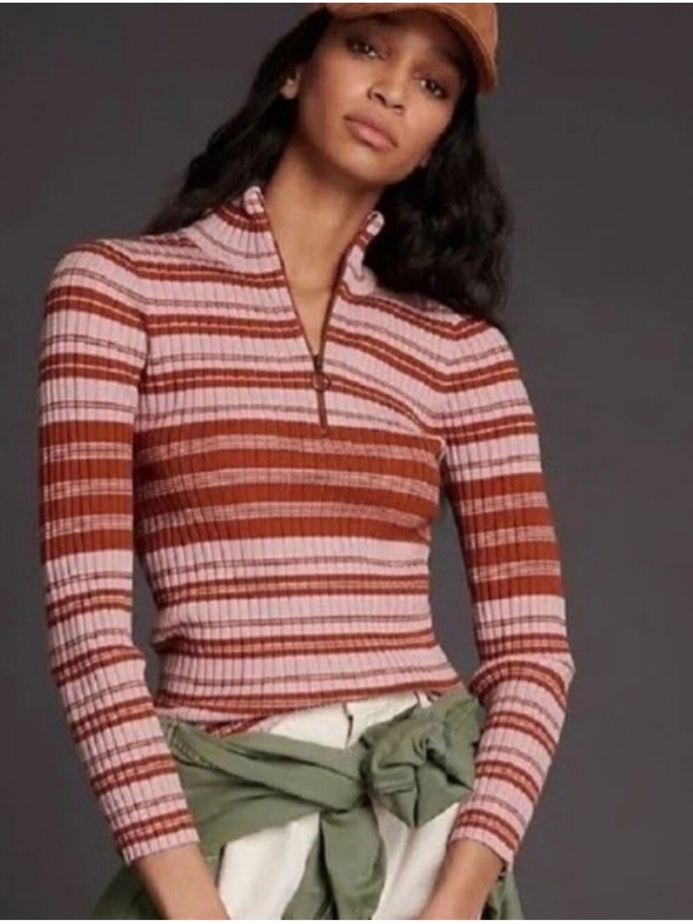 Anthropologie Maeve pink stripe rip knit zip neck sweater womens XS